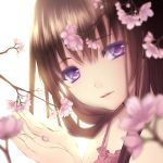  blurry brown_hair cherry_blossoms colored_eyelashes depth_of_field eyelashes face flower hands lips long_hair looking_at_viewer nana_mikoto original outstretched_hand purple_eyes solo violet_eyes 