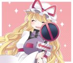  1girl :d ^_^ blonde_hair breasts closed_eyes directional_arrow hammer_(sunset_beach) hat large_breasts long_hair no_symbol open_mouth sign smile solo sparkle touhou yakumo_yukari 