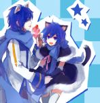  blue_eyes blue_hair cat_ears cat_tail dress fang food genderswap gloves i-riya ice_cream kaiko kaito licking scarf smile tail thigh-highs thighhighs vocaloid zettai_ryouiki 