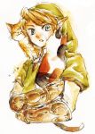  1girl blonde_hair blue_eyes carrying cat gloves hat link nintendo pointy_ears solo the_legend_of_zelda traditional_media twilight_princess 