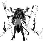  1girl antaria chi_you chinese_mythology dated genderswap high_heels horns long_hair monochrome multiple_arms navel polearm poleaxe shoes signature simple_background solo spot_color tail weapon white_background yellow_eyes 
