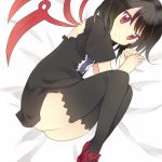  bad_id black_hair black_legwear black_thighhighs colored_eyelashes eyelashes fetal_position from_above houjuu_nue ika lying no_nose no_panties on_side open_back red_eyes short_hair solo thigh-highs thighhighs thighs touhou tsurime wings zettai_ryouiki 
