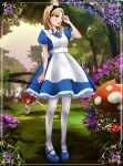  alice_(wonderland) apron blonde_hair blue_dress bunny dress fairy_tales highres legs mary_janes mushroom pantyhose rabbit shigureteki shoes 