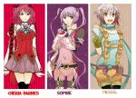  belt brown_eyes cheria_barnes flower gradient_hair multicolored_hair pascal pink_hair purple_hair redhead ribbon scarf skirt sophie_(tales_of_graces) tales_of_graces thigh-highs twintails violet_eyes white_hair 