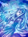  blue_hair chrono_trigger dress earrings female green_eyes imoyama long_hair pendant schala_zeal solo 