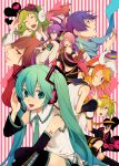  aqua_hair blonde_hair blue_eyes blue_hair brown_hair earmuffs everyone green_hair gumi hair_ornament hair_ribbon hairclip hands_on_headphones hatsune_miku headphones headset highres kagamine_len kagamine_rin kaito kamui_gakupo macco megurine_luka meiko miki_(vocaloid) ribbon sf-a2_miki smile thighhighs twintails vocaloid wink 