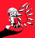  bad_id blood flandre_scarlet highres monochrome ponytail red red_eyes short_hair side_ponytail sitting solo spot_color touhou wings 