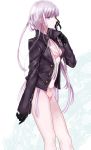  1girl black_gloves bra braid dangan_ronpa gloves jacket kirigiri_kyouko long_hair no_pants panties pink_bra pink_panties purple_hair solo standing underwear urahara violet_eyes 