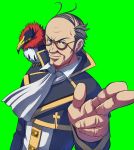  1boy bald balding bee-j1 bird bird_on_shoulder character_request comb_over combover foreshortening glasses green_background hands male original pointing solo 