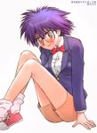  glasses kikumaru_bunta original purple_hair short_hair shorts simple_background solo 