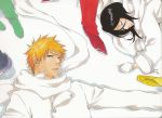  1boy 1girl black_hair bleach brown_eyes closed_eyes coat eyelashes gloves green_footwear hair_between_eyes highres kubo_taito kubo_tite kuchiki_rukia kurosaki_ichigo long_sleeves lying official_art orange_hair parted_lips red_footwear red_shoes scarf shoes short_hair sleeping snow spiked_hair traditional_media white_coat white_gloves white_scarf yellow_footwear yellow_shoes 