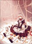  blush cake candy checkerboard_cookie cookie flower food long_hair maid maid_headband maid_headdress original pastry red_eyes sinsora sitting solo white_hair 
