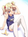  banana_peel blonde_hair blue_eyes fictional_persona gradient_hair hair_bobbles hair_ornament multicolored_hair name_tag one-piece_swimsuit school_swimsuit self-portrait solo swimsuit thigh-highs thighhighs translated twintails white_legwear white_thighhighs 