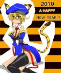  animal_ears bare_shoulders beret blazblue blonde_hair blush body_blush cat_ears cat_tail detached_sleeves female green_eyes hat new_year noel_vermillion red_ribbon ribbon riseandfool short_hair sitting solo tail thigh-highs uniform 