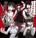  +_+ 1girl 2girls absurdres apron bangs black_eyes black_hair black_neckwear bow bowtie burger business_suit chainsaw_man choker collared_shirt crosshair crosshair_pupils crying demon_girl demon_horns dinoyhs food formal full_body hair_ornament hairclip higashiyama_kobeni highres holding holding_weapon horns knife looking_at_viewer mole mole_under_eye mole_under_mouth multiple_girls multiple_views necktie one_eye_closed pants pink_hair power_(chainsaw_man) red_horns shirt shirt_tucked_in shoes speech_bubble suit sweat tongue translation_request weapon yellow_eyes 