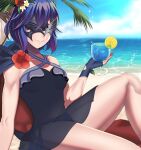  1girl alternate_costume alternate_hairstyle arcedo bangs beach bikini bikini_bottom blue_bikini blue_cape blue_gloves blue_hair blue_sky blue_swimsuit breasts cape clouds cloudy_sky collarbone cup drinking_glass feet_out_of_frame fingerless_gloves fire_emblem fire_emblem_awakening fire_emblem_heroes flower gloves gradient_hair hair_flower hair_ornament halterneck hand_up highres holding leaning_back legs looking_at_viewer lucina_(fire_emblem) marth_(fire_emblem_awakening) mask multicolored_hair official_alternate_costume purple_hair red_flower see-through short_hair side-tie_bikini sidelocks sitting sky small_breasts smile solo swimsuit thighs 