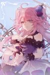  1girl ahoge bangs bare_shoulders blue_background brown_eyes chain dress eyebrows_visible_through_hair eyes_visible_through_hair flower gloves grey_eyes hair_flower hair_ornament hair_over_one_eye heterochromia highres honkai_(series) honkai_impact_3rd long_hair parted_lips pink_hair purple_dress purple_flower purple_rose rose silence_(pixiv18541142) sin_mal single_glove smile solo stuffed_animal stuffed_bunny stuffed_toy two_side_up very_long_hair white_gloves wrist_cuffs 