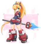  1girl blonde_hair closed_mouth green_eyes green_ribbon hair_ribbon highres karukan_(monjya) long_hair looking_at_viewer mega_man_(series) mega_man_x_(series) ponytail ribbon roll_(mega_man) solo 