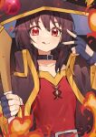  1girl absurdres belt black_cape black_gloves breasts brown_hair cape dress fingerless_gloves gloves hat highres holding holding_staff kono_subarashii_sekai_ni_shukufuku_wo! licking_lips looking_at_viewer mage_staff megumin red_dress red_eyes short_dress short_hair short_hair_with_long_locks small_breasts smile solo staff tongue tongue_out witch_hat 