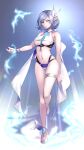  1girl absurdres bangs bare_arms bare_shoulders barefoot bikini blue_bikini blue_eyes blue_hair breasts eyebrows_visible_through_hair full_body hane_yuki highres large_breasts looking_at_viewer navel original shadow short_hair solo standing swimsuit thigh_strap thighs under_boob 