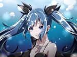  1girl black_bow black_dress blue_background blue_eyes blue_hair blue_nails bow bubble collarbone dress floating_hair francium76 hair_bow hatsune_miku highres long_hair nail_polish open_mouth shiny shiny_hair sleeveless sleeveless_dress solo strap_gap twintails underwater upper_body very_long_hair vocaloid 
