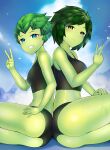  2girls ass back-to-back bare_shoulders bird black_shorts black_tank_top blue_eyes blush breasts clouds colored_skin commission eyebrows_visible_through_hair fang from_side green_eyes green_skin grin hand_on_own_thigh happy highres large_breasts looking_at_viewer midriff monster_girl multiple_girls navel original outdoors pearl_aureyama plant_girl plant_hair short_shorts shorts siblings sisters sitting sky smile tank_top thighs twilight v vanu_aureyama wet xiaodi 