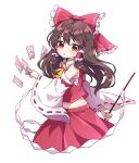  1girl ascot between_fingers bow brown_hair caramell0501 detached_sleeves eyebrows_visible_through_hair gohei hair_between_eyes hair_bow hair_tubes hakurei_reimu highres long_hair long_sleeves looking_at_viewer nontraditional_miko ofuda open_mouth red_eyes red_skirt red_vest ribbon-trimmed_sleeves ribbon_trim sarashi simple_background skirt solo touhou vest white_background yellow_neckwear 