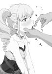  1boy 1girl blush breasts choker copyright_request drill_hair earrings eyebrows_visible_through_hair feeding from_side greyscale highres jewelry monochrome osame profile simple_background small_breasts tears tongue tongue_out twin_drills twintails white_background 
