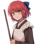  1girl apron bangs blue_bow blush bow broom brown_kimono closed_mouth commentary_request eyebrows_visible_through_hair floating_hair frilled_apron frills hair_between_eyes hair_bow half_updo holding holding_broom japanese_clothes kimono kohaku_(tsukihime) long_sleeves looking_at_viewer maid_apron nemu_mohu redhead short_hair sidelocks simple_background smile solo tsukihime upper_body wa_maid white_apron white_background yellow_eyes 
