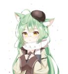  1girl absurdres ahoge akashi_(azur_lane) akashi_(welcome_to_azurcon!)_(azur_lane) animal_ears azur_lane bangs casual cat_ears commentary eyebrows_visible_through_hair glasses green_hair hair_between_eyes hat highres long_hair long_sleeves looking_at_viewer mole mole_under_eye parted_lips qing_wu scarf sidelocks simple_background solo white_background white_scarf yellow_eyes 