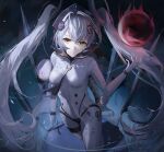  1girl bodysuit breasts bright_pupils chinese_commentary drone expressionless eyebrows_visible_through_hair fireball full_body grey_hair grey_theme hair_between_eyes hand_up headgear highres looking_at_viewer luna_(punishing:_gray_raven) medium_breasts multicolored_hair punishing:_gray_raven qing_cheng_ran see-through silver_hair solo standing streaked_hair twintails two-tone_hair white_hair yellow_eyes 