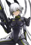  1girl animal_ears armor bodysuit collar commentary_request fake_animal_ears green_eyes gun highres holding holding_gun holding_weapon joints looking_at_viewer mecha_musume original rifle robot_joints short_hair shoulder_armor smile solo sunao_(70_the) trigger_discipline weapon white_hair 
