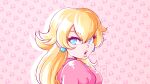  1girl blonde_hair blue_eyes dress highres lipstick long_hair looking_at_viewer makeup mushroom nintendo open_mouth pink_dress princess princess_peach super_mario_bros. super_mario_bros. 