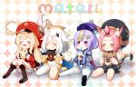  4girls :d ^_^ ^o^ ahoge animal_ears ass backpack bag bandaged_leg bandages bangs bangs_pinned_back bead_necklace beads belt black_scarf black_shorts bloomers blush boots bottle brown_footwear brown_gloves brown_scarf cabbie_hat cape cat_ears cat_girl cat_tail checkered checkered_background chibi chinese_clothes closed_eyes clover_print coat coin_hair_ornament commentary_request detached_sleeves diona_(genshin_impact) dodoco_(genshin_impact) doll doughnut dress drinking drinking_straw drinking_straw_in_mouth earrings eyebrows_visible_through_hair food food_on_face forehead genshin_impact gloves hair_between_eyes hair_ornament hair_ribbon hat hat_feather hat_ornament holding holding_bottle holding_doll holding_food jewelry jiangshi klee_(genshin_impact) knee_boots kneehighs knees_together_feet_apart light_brown_hair long_hair long_sleeves looking_at_viewer low_ponytail low_twintails mechanical_halo milk milk_bottle mitsubasa_miu multiple_girls navel necklace ofuda open_mouth orb paimon_(genshin_impact) paw_print pink_hair pointy_ears puffy_detached_sleeves puffy_shorts puffy_sleeves purple_hair qing_guanmao qiqi_(genshin_impact) randoseru red_coat red_headwear ribbon scarf short_hair shorts sidelocks simple_background sitting smile stuffed_animal stuffed_toy tail taiyaki thigh-highs twintails underwear violet_eyes vision_(genshin_impact) wagashi wariza white_dress white_footwear white_gloves white_hair white_legwear yin_yang yin_yang_orb zettai_ryouiki 