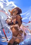  2girls :o absurdres ahoge animal_hood arm_up armpits arms_up bangs bikini black_footwear black_legwear boots breasts brown_eyes brown_hair carrying character_request child clenched_hand clouds cloudy_sky dark-skinned_female dark_skin day detached_collar fate/grand_order fate_(series) hair_between_eyes hair_ribbon highres hiro_(hirohiro_gorira) hood hood_up long_sleeves medium_breasts multi-strapped_bikini multiple_girls navel okita_souji_(alter)_(fate) okita_souji_(fate)_(all) okita_souji_(swimsuit_assassin)_(fate) open_mouth outdoors piggyback planted planted_sword red_ribbon ribbon skindentation sky stomach swimsuit sword tassel thigh-highs thigh_boots under_boob v-shaped_eyebrows water weapon white_bikini 
