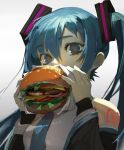  1girl aqua_eyes aqua_hair aqua_neckwear asymmetrical_bangs bangs bare_shoulders breasts burger commentary detached_sleeves eating english_commentary eyebrows_visible_through_hair food grey_shirt hair_between_eyes hair_ornament hands_up hatsune_miku highres holding holding_food long_hair looking_at_viewer necktie neon_trim shirt short_eyebrows shoulder_tattoo sidelocks simple_background sleeveless sleeveless_shirt small_breasts solo tattoo topdylan twintails upper_body vocaloid w_arms white_background 
