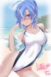  1girl ao1_len blue_eyes blue_hair breasts commentary_request competition_swimsuit covered_navel dated hair_over_one_eye highleg highleg_swimsuit highres long_hair looking_at_viewer medium_breasts one-piece_swimsuit original ponytail signature solo swimsuit virtual_youtuber white_swimsuit 