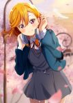  1girl absurdres blue_jacket blush closed_mouth cowboy_shot dress grey_dress hands_up headphones headphones_around_neck highres jacket love_live! love_live!_superstar!! medium_hair open_clothes open_jacket orange_hair pinafore_dress ranemu school_uniform shibuya_kanon short_dress smile solo violet_eyes yuigaoka_school_uniform 