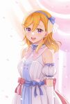  1girl :d artist_name bangs blonde_hair blue_hairband blush breasts commentary_request curtains detached_sleeves dress elbow_gloves eyebrows_visible_through_hair gloves hair_between_eyes hairband highres long_hair looking_at_viewer love_live! love_live!_superstar!! medium_breasts open_mouth petals puffy_short_sleeves puffy_sleeves sakurai_makoto_(custom_size) see-through shibuya_kanon short_sleeves signature sleeveless sleeveless_dress smile solo upper_teeth violet_eyes white_dress white_gloves white_sleeves 
