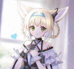  1girl animal_ears arknights black_gloves blonde_hair blurry blurry_background blush braid closed_mouth curtains day earpiece eyebrows_visible_through_hair fox_ears frilled_shirt frills gloves green_eyes hair_intakes hair_rings hairband hands_together heart id_card indoors infection_monitor_(arknights) korean_commentary looking_at_viewer multicolored_hair oripathy_lesion_(arknights) shirt short_hair sinap_(12000klb) single_glove smile solo streaked_hair sunlight suzuran_(arknights) two-tone_hair upper_body white_hair white_shirt window wrist_cuffs 