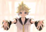  1boy arm_warmers backlighting bass_clef black_collar blonde_hair blue_eyes collar commentary curtains headphones incoming_hug kagamine_len looking_at_viewer male_focus naoko_(naonocoto) necktie outstretched_arms sailor_collar school_uniform shirt short_sleeves smile solo spiky_hair upper_body vocaloid white_shirt window yellow_neckwear 
