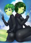  2girls ass back-to-back biker_clothes bikesuit bird black_gloves black_shorts blue_eyes blush bodysuit breasts clouds colored_skin commission eyebrows_visible_through_hair fang fingerless_gloves from_side gloves green_eyes green_skin grin hand_on_own_thigh happy highres large_breasts looking_at_viewer monster_girl multiple_girls original outdoors pearl_aureyama plant_girl plant_hair shiny shiny_clothes shorts shoulder_pads siblings sisters sitting sky small_breasts smile star_(sky) thighs twilight v vanu_aureyama xiaodi 