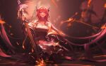  1girl arknights belt black_belt black_dress chest_strap demon_girl demon_horns dress hair_intakes highres horns infection_monitor_(arknights) looking_at_viewer molten_rock red_lips redhead rhodes_island_logo seiza sitting solo surtr_(arknights) sword violet_eyes weapon wushier 