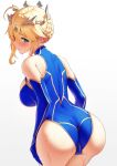  artoria_pendragon_(fate) artoria_pendragon_(lancer)_(fate) ass bare_shoulders bent_over blonde_hair blue_leotard blush braid breasts crown detached_sleeves dripping elbow_gloves fate/grand_order fate_(series) gloves green_eyes halterneck hands_on_hips headgear highres large_breasts leaning_forward leotard looking_at_viewer looking_back skin_tight skindentation solar_(happymonk) sweat sweatdrop thick_thighs thighs turning_head wet 