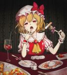  1girl ambiguous_red_liquid ascot bangs blonde_hair bow breasts brooch cheese_trail commentary_request covering_mouth cup drinking_glass drinking_straw eating eyeball eyebrows_visible_through_hair fangs fisheye flandre_scarlet floral_print food fork frilled_shirt_collar frills fruit half-closed_eyes hand_over_own_mouth hands_up hat hat_bow highres holding holding_fork indoors jewelry knife looking_at_viewer mob_cap open_mouth pink_bow pizza plate pointy_ears puffy_short_sleeves puffy_sleeves red_bow red_eyes short_hair short_sleeves sitting small_breasts solo strawberry striped table tayutai_(user_xruy3332) tongue touhou upper_body vertical_stripes wallpaper_(object) white_headwear wine_glass wrist_cuffs yellow_neckwear 