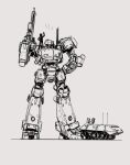  1other armored_core grey_background greyscale gun hand_on_hip head_tilt highres holding holding_gun holding_weapon looking_at_viewer mecha monochrome one-eyed radio_antenna science_fiction silhouette sketch standing tyto_alba weapon 