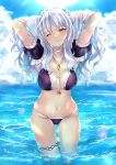  1girl absurdres armpits arms_behind_head arms_up bangs bare_shoulders bikini blue_sky breasts caren_hortensia caren_hortensia_(amor_caren) collarbone fate/grand_order fate_(series) highres long_hair looking_at_viewer medium_breasts navel ocean one_eye_closed purple_bikini sky smile solo swimsuit thighs wading wavy_hair wet white_hair yellow_eyes yuki_haru 