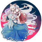  2girls blue_dress blue_hair blush bow dress eyebrows_visible_through_hair footwear_bow fujiwara_no_mokou hair_between_eyes hair_bow hair_ribbon hat hat_ribbon holding_hands kamishirasawa_keine long_hair long_sleeves multiple_girls ofuda ofuda_on_clothes open_mouth pants puffy_short_sleeves puffy_sleeves red_eyes red_pants ribbon shoes short_sleeves smile socks suspenders tarako_supa touhou very_long_hair white_hair 