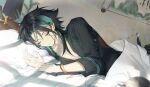  1boy aqua_hair black_hair bracelet casual cat closed_eyes closed_mouth genshin_impact green_hair highres jewelry male_focus multicolored_hair pajamas pectoral_cleavage pectorals resan256 rex_lapis_(genshin_impact) short_hair sleeping solo xiao_(genshin_impact) 