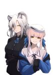  absurdres animal_ear_fluff animal_ears arknights ascot bangs black_neckwear black_ribbon black_shirt blue_jacket blue_neckwear blunt_bangs breasts cat_ears ceylon_(arknights) collared_shirt cropped_torso eyebrows_visible_through_hair grey_shirt hair_over_one_eye head_wings highres if_f jacket long_hair long_sleeves looking_at_viewer medium_breasts neck_ribbon off_shoulder open_clothes open_jacket parted_lips pink_hair ponytail ribbon schwarz_(arknights) shirt sidelocks silver_hair simple_background sleeves_past_wrists smile twintails underbust v-shaped_eyebrows white_background white_headwear yellow_eyes 